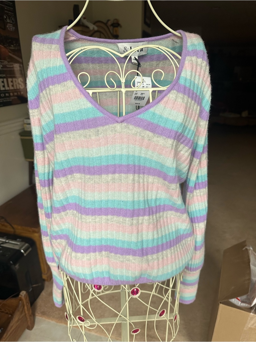 &Isla NWT Pastel Striped V-Neck Sweater in Lavender, Mint & Pink